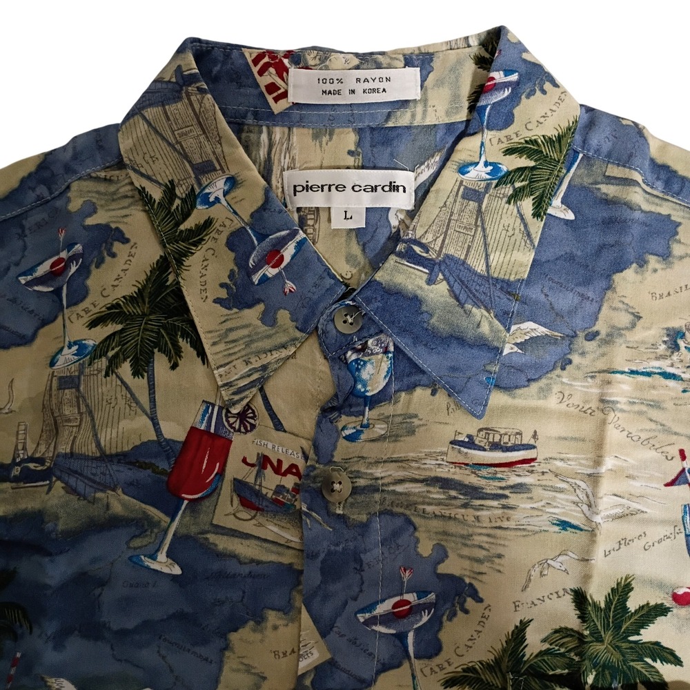 Pierre Cardin Button Up Mens Large Blue Tropical Map Print Rayon Vtg 90s Beach